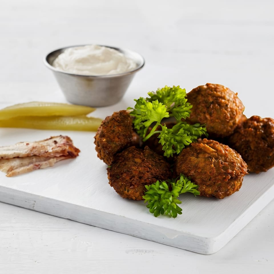 Falafel balls with parsley, pickles, and a side of white sauce on a white cutting board.