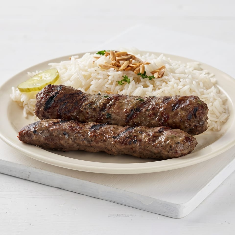 Two grilled kofta kebabs with white rice, toasted almonds, parsley, and a pickle slice.