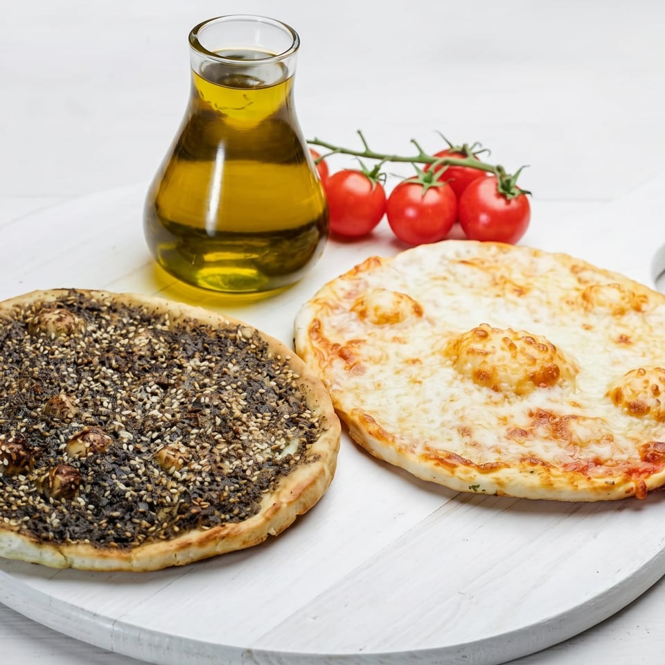 Two round flatbreads, one with za'atar and one with cheese, next to olive oil and tomatoes.