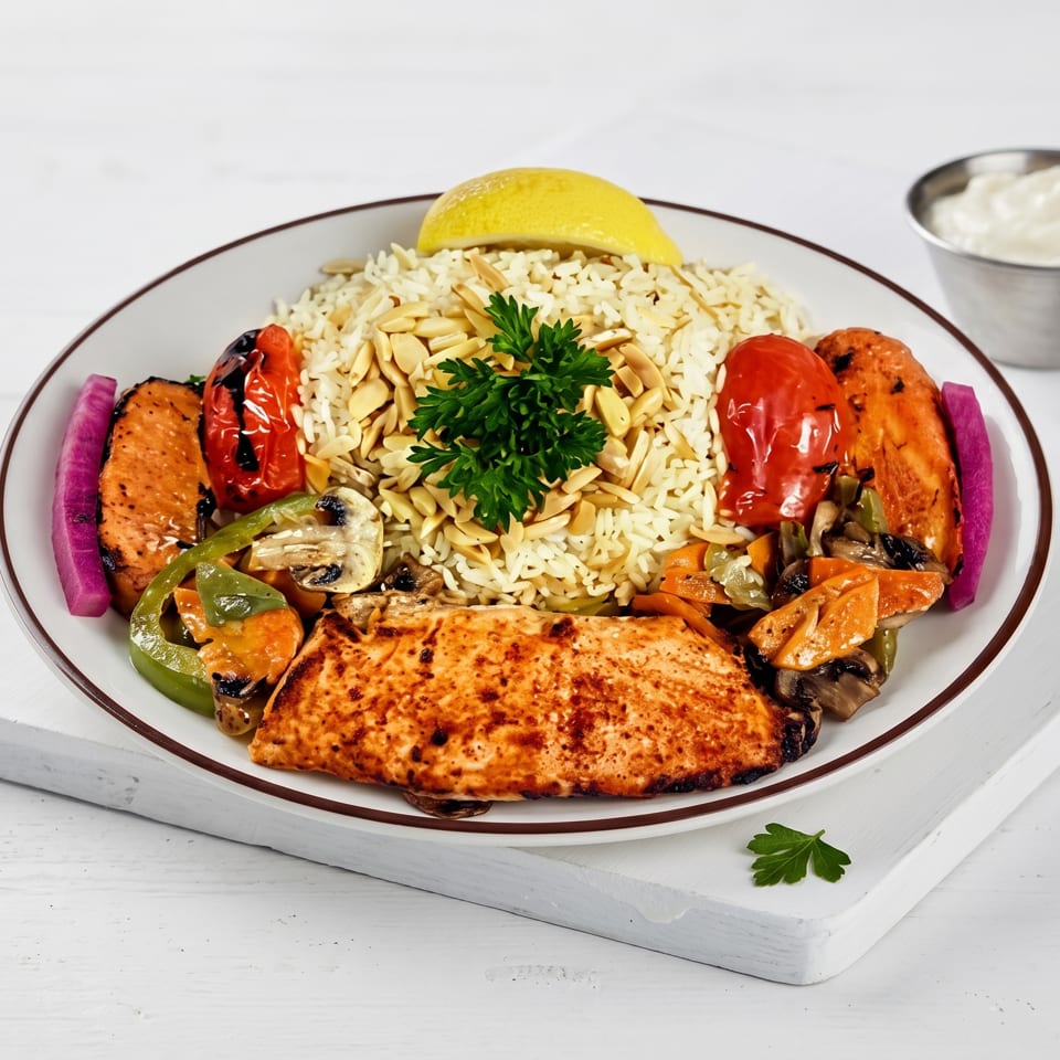 Grilled salmon with rice, roasted vegetables, pickled turnips, and a lemon wedge on a white plate.