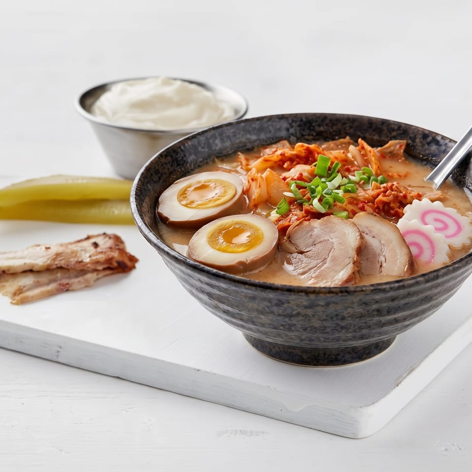 A bowl of ramen with pork, eggs, kimchi, and green onions on a white cutting board.